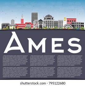 Ames Iowa Skyline with Color Buildings, Blue Sky and Copy Space. Vector Illustration. Business Travel and Tourism Illustration with Historic Architecture.