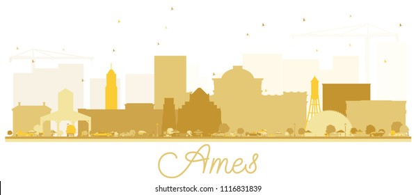 Ames Iowa skyline Golden silhouette. Vector illustration. Simple flat concept for tourism presentation, banner, placard or web site. Business travel concept. Ames Cityscape with landmarks.