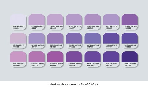 Amethyst Color Palette, Amethyst Color Guide Palette with Color Names. Catalog Samples of Purple with RGB HEX codes and Names. Indigo Colors Palette Vector, Fashion Trend Amethyst Color Palette Vector