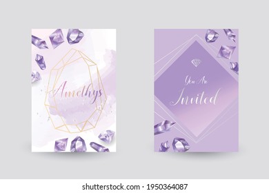 Amethyst Crystal Geode Purple Wedding Cards. Gold Line Art. Sparkling Gems. Natural Stone. Trendy Glitter Invitation.
