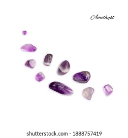 Amethyst crystals isolated. Purple quartz pebbles and crystal