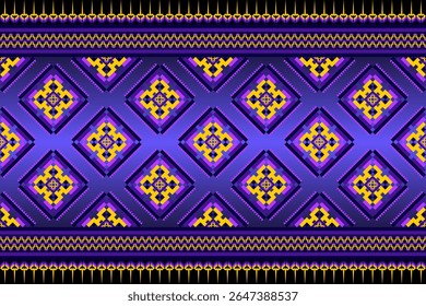 Amethyst , Gold Geometric Pixel Ethnic Seamless PatternVibrant seamless pattern with pixelated amethyst and gold ethnic motifs. Ideal for textile designs, fashion, digital art, and cultural themes.