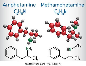 Amfetamine (amphetamine, C9H13N) And Methamphetamine (crystal Meth, C10H15N) Molecule. Structural Chemical Formula And Molecule Model. Vector Illustration

