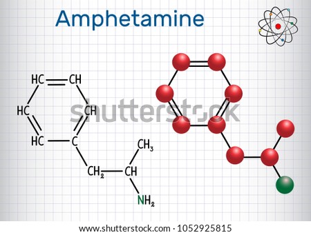 Amfetamine (amphetamine, C9H13N) molecule, is a potent central nervous system stimulant. Structural chemical formula and molecule model. Sheet of paper in a cage. Vector illustration