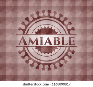 Amiable red emblem or badge with abstract geometric pattern background. Seamless.