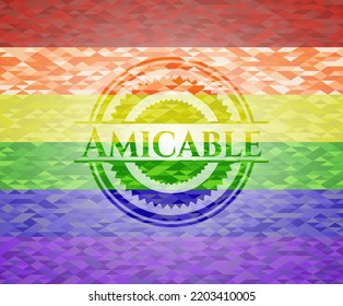 Amicable emblem on mosaic background with the colors of the LGBT flag. 