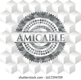 Amicable grey emblem with geometric cube white background
