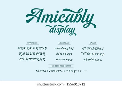 Amicably: Lettering typography alphabet font display. Include uppercase, lowercase, swash, numbers and extras. Vector illustration isolated on blue background.