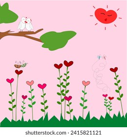 Amid nature filled with two birds, two butterflies, and two dragonflies in the heart meadow, in the sunshine.