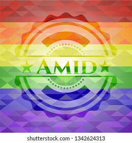 Amid on mosaic background with the colors of the LGBT flag