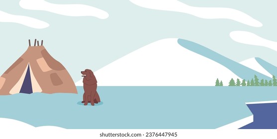 Amidst The Arctic Tundra, An Eskimo Yurt Stands Resilient, Sheltering Against The Bitter Cold, Vector Illustration