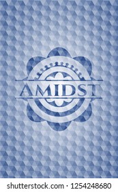 Amidst blue emblem with geometric background.