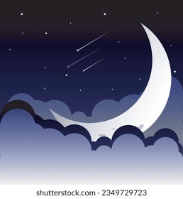 Amidst a breathtaking night panorama, a bright crescent moon hangs in the dark sky, facing a thousand shining stars. Thin clouds encircle the moon, creating a mesmerizing view.