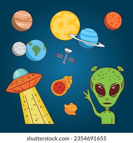 En medio de maravillas cósmicas, planetas alineados, luna, órbitas satelitales, un OVNI y sorpresa de cometa, observados por un extraterrestre verde.