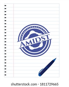 Das mittlere Emblem zeichnet mit Pen-Effekt auf. Blaue Tinte. Vektorgrafik. Detaillierte Angaben. 