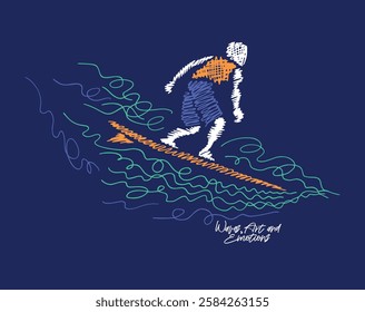 Amidst the frenetic rhythm of the ocean, the surfer rides the wave with skill, captured in sketched lines that reveal the energy and passion for surfing. 