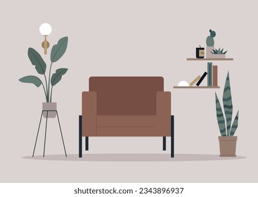 Amidst the home interior, a leather chair is surrounded by potted plants and flanked by bookshelves, creating a harmonious blend of nature and knowledge