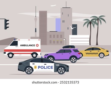 Amidst palm trees and towering buildings, vehicles move along a bustling highway, featuring emergency responders and vivid colors under a sunny sky, showcasing urban activity