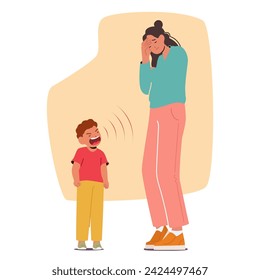 Amidst Piercing Cries Of A Hysterical Child In Tantrum, A Heartbroken Mother Character Struggles, Overwhelmed By The Weight Of Her Child Sorrowful Outburst. Cartoon People Vector Illustration