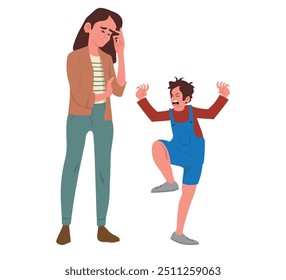 En Medio De Los Llantos Perforados De Un Niño Histérico En Rabieta, Una Madre Desconsolada Lucha, Abrumada Por El Peso De Su Hijo Y Su Doloroso Arrebato. Ilustración vectorial de Personas de dibujos animados.