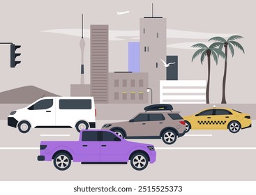 Amidst the towering skyscrapers, a variety of vehicles navigate through a lively city street lined with palm trees, illustrating the vibrant rhythm of urban life during the day