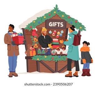 Amidst Twinkling Lights, Characters Browse A Christmas Fair Stall. People in Warm Clothes and Cozy Scarves Mesmerized By Festive Gifts, And The Joy Of The Holiday Season. Cartoon Vector Illustration