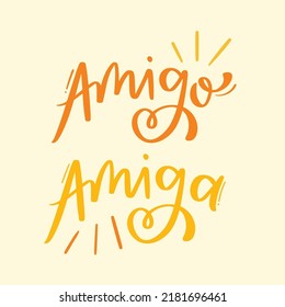 Amiga. Amigo. Caligrafía con letras a mano. Vector.