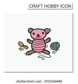 Amigurumi color handmade hand draw icon. Knitting a perfect teddy-bear, using needle pins and wool clew balls. Tenderly handmade crochet toy. Handmade concept. Isolated sketch vector illustration