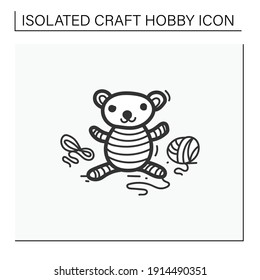 Amigurumi handmade hand draw icon. Knitting a perfect teddy-bear, using needle pins and wool clew balls. Tenderly handmade crochet toy. Handmade concept. Isolated sketch vector illustration