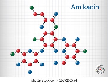 Amikacin, C22H43N5O13 molecule. It is aminoglycoside antibiotic, it exerts activity against more resistant gram-negative bacteria. Molecule model. Sheet of paper in a cage
