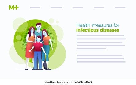 amily is protecting their children and them from virus COVID-19 and are wearing masks and stop the spread of viruses. Coronavirus quarantine. Vector illustration. Website template design.