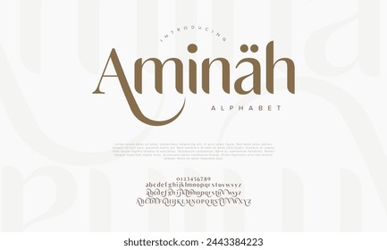 Aminah letras y números del alfabeto árabe de lujo premium. Elegante tipografía islámica ramadán boda serif fuente decorativa vintage. Ilustración vectorial creativa