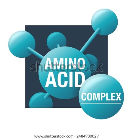 Amino acid complex 3D square icon - organic compounds that make up proteins and used in food industry, condiment, bodybuilding supplement, animal feed. Vector illustration