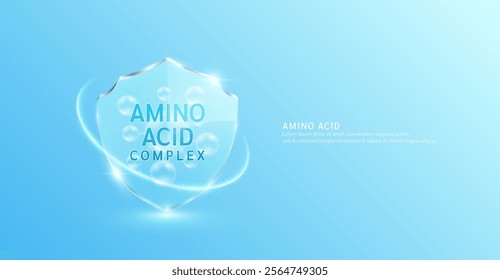 Amino acid complex form translucent glass shield modern surrounded by glowing ring. Minerals vitamin nutrients essential for the body and muscles. For design dietary supplement products ads. Vector.