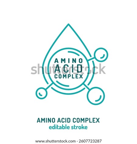 Amino acid complex icon. Minimalist design. Molecular structure with a focus on protein enrichment and bioactive ingredients. Ideal for supplements, skincare, and health products. Vector illustration