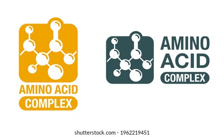 Icono del complejo de aminoácidos - compuestos orgánicos monómeros que componen proteínas y se utilizan en la industria alimentaria, condimento, suplemento para la construcción del cuerpo, alimentación animal. Emblema vectorial en forma cuadrada