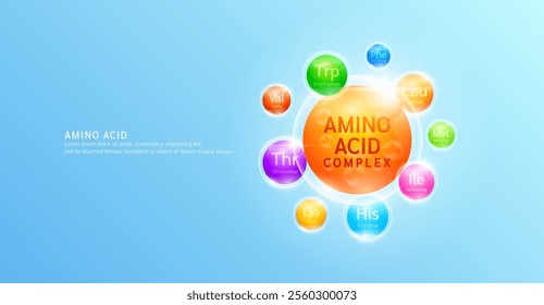 Amino acid complex nutrients essential for the body and muscles. Minerals, Vitamin. For design dietary supplement products ads. Medical health care concept. Banner vector EPS10.