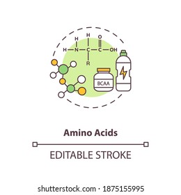 Amino acids concept icon. Energy beverages idea thin line illustration. High amino-acid content. Organic compounds. BCAA supplement. Vector isolated outline RGB color drawing. Editable stroke