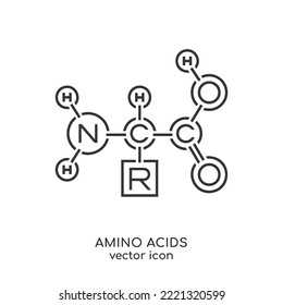 Amino acids icon. Organic compound that contain both amino and carboxylic acid functional groups. Protein synthesis. Outline pictogram. Black sign. Editable vector illustration. Transparent background