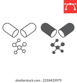 Amino acids line and glyph icon, supplements and vitamins, capsule with bcaa vector icon, vector graphics, editable stroke outline sign, eps 10.