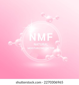 Amino acids are natural moisturizing factor. Collagen serum pink and hyaluronic acid skincare. For beauty cosmetic with chemical formula. Medical scientific concept. 3D Vector.