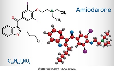 Amiodarone molecule. It is antiarrhythmic, vasodilatory, cardiovascular drug. Structural chemical formula and molecule model. Vector illustration