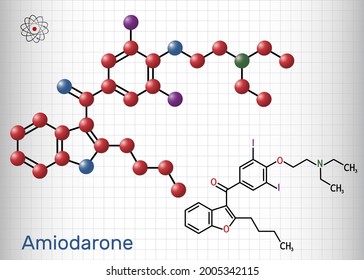 Amiodarone molecule. It is antiarrhythmic, vasodilatory, cardiovascular drug. Structural chemical formula and molecule model. Sheet of paper in a cage. Vector illustration