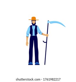 Amish flat color vector faceless character. Male farmer in harvest period. Worker lifestyle. Old fashioned man in hat with scythe isolated cartoon illustration for web graphic design and animation