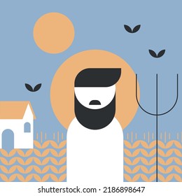 Amish man farmer with pitchfork. Fields, house and farmer. Birds fly in the sky.  svg