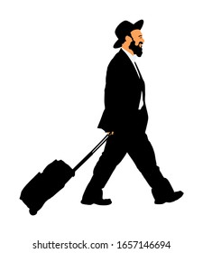 Amish Man In Suite And Hat Vector  Illustration. Jewish Businessman In Traditional Style Clothes Traveling. Tourist Man Traveler Walking With Rolling Suitcase Isolated On White.