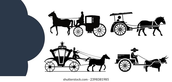 Amish or mennonite buggy black silhouette logo isolated on white. Chariot wiht horse and man. Symbol vintage design. Vector illustration. svg