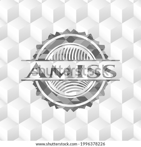 Amiss grey badge with geometric cube white background. 