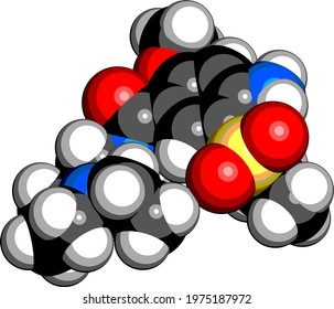 Amisulpride drug molecule. 3D rendering. Atoms are represented as spheres with conventional color coding: hydrogen (white), carbon (black), nitrogen (blue), oxygen (red), sulfur (yellow).