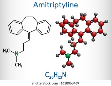 Amitriptyline C20H23N  molecule. It is tricyclic antidepressant TCA with analgesic properties, is used to treat depression and neuropathic pain. Structural chemical formula and molecule model. 